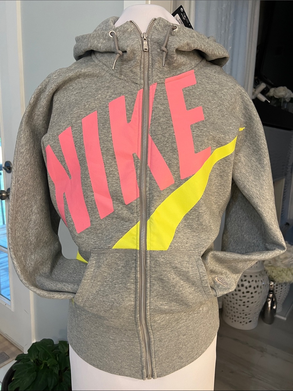 Nike Grey Zip Hoodie with Pink Logo and Yellow Swoosh Y2K Women’s size M
